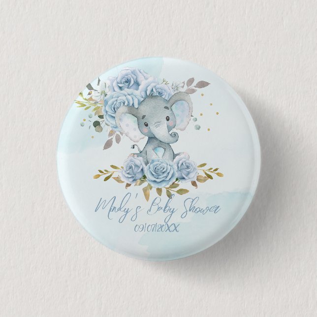 Baby Blue Floral Cute Elephant Boy Baby Shower 3 Cm Round Badge (Front)