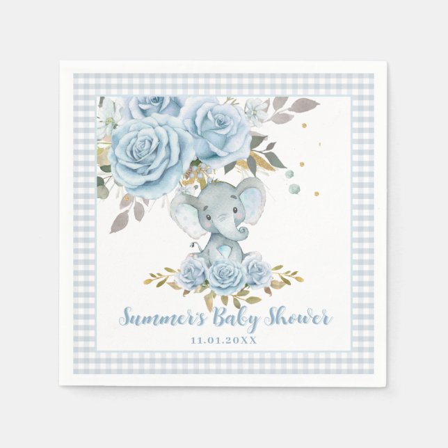 Baby Blue Floral Cute Elephant Boy Baby Shower Napkin (Front)