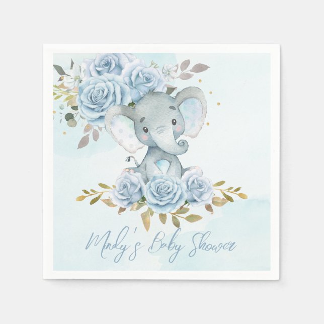 Baby Blue Floral Cute Elephant Boy Baby Shower Napkin (Front)