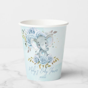 Baby Blue Floral Cute Elephant Boy Baby Shower Pap Paper Cups