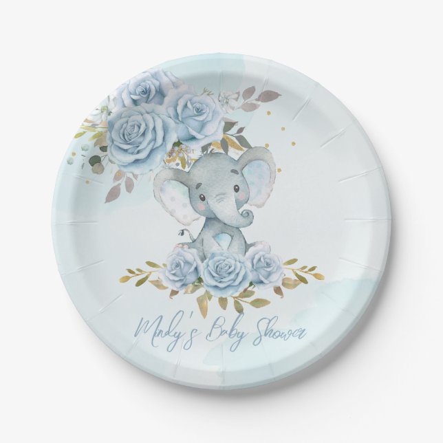 Baby Blue Floral Cute Elephant Boy Baby Shower Paper Plate (Front)