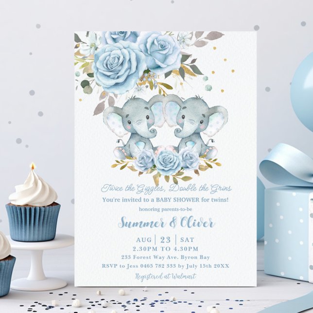 Baby Blue Floral Cute Elephants Twins Baby Shower Invitation (Creator Uploaded)