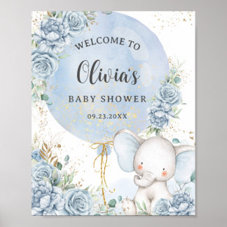 Baby Blue Floral Elephant Boy Baby Shower Poster