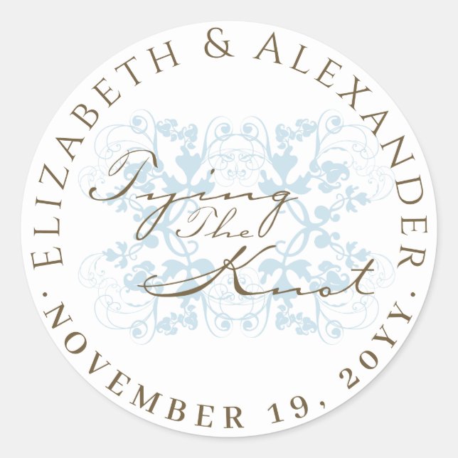 Baby Blue Floral Flourish Tying The Knot Wedding Classic Round Sticker (Front)