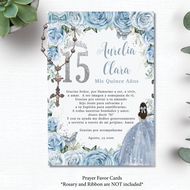 Baby Blue Floral Girl Gown Quinceañera Prayer Card (baby blue roses floral rosary prayer card favors princess girl dress butterflies quinceanera printed)