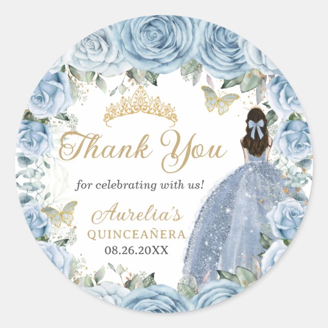Baby Blue Floral Gold Butterflies Princess Dress Classic Round Sticker (Front)