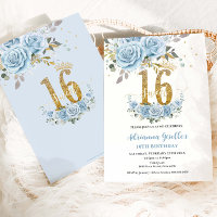 Baby Blue Floral Gold Sweet 16 Sixteen Birthday