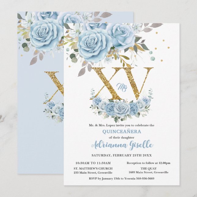 Baby Blue Floral Gold XV Quinceañera Quince 15 Invitation (Front/Back)