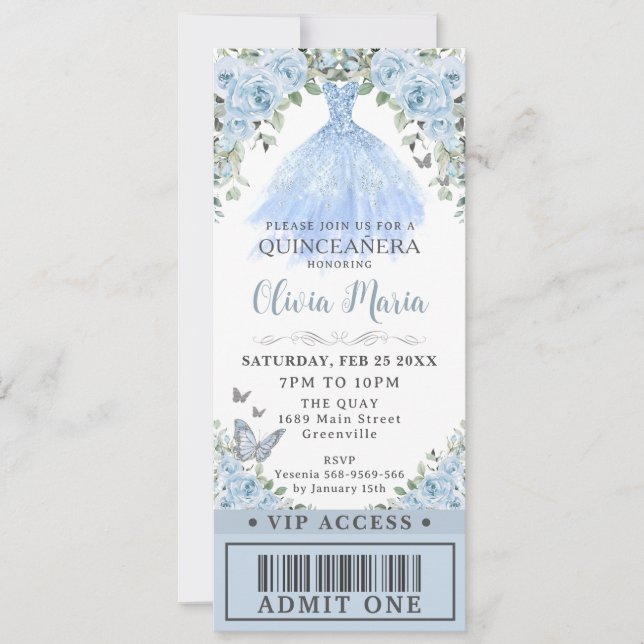 Baby Blue Floral Gown Dress Quinceañera VIP Ticket Invitation (Front)