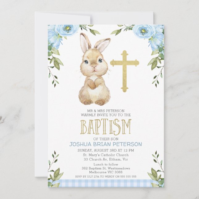 Baby Blue Floral Plaid Bunny Rabbit Baptism Invitation (Front)