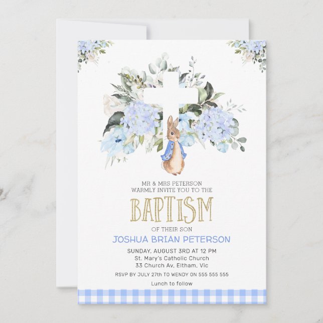 Baby Blue Floral Plaid Peter Rabbit Baptism Invitation (Front)