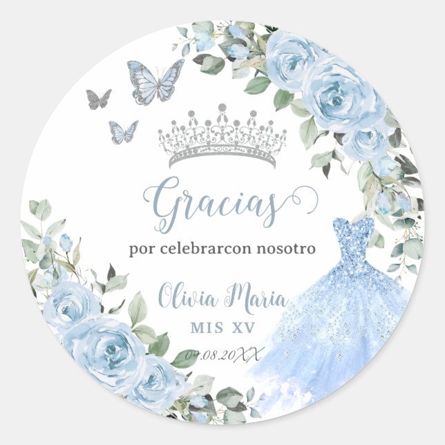Baby Blue Floral Princess Dress Silver Quinceañera Classic Round Sticker (Front)