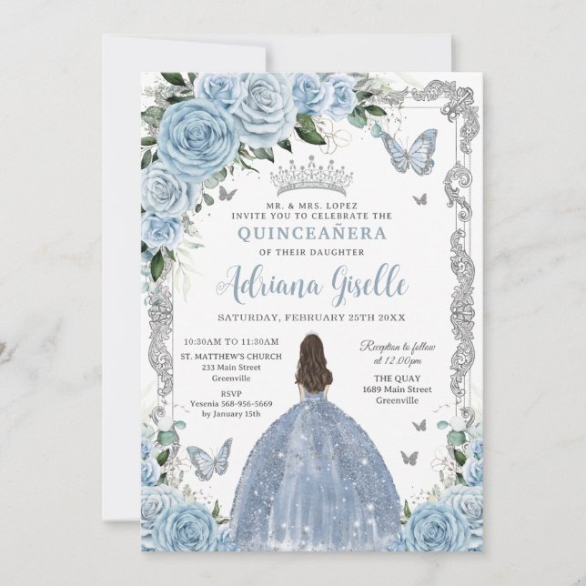 Baby Blue Floral Princess Dress Silver Quinceanera Invitation (Front)