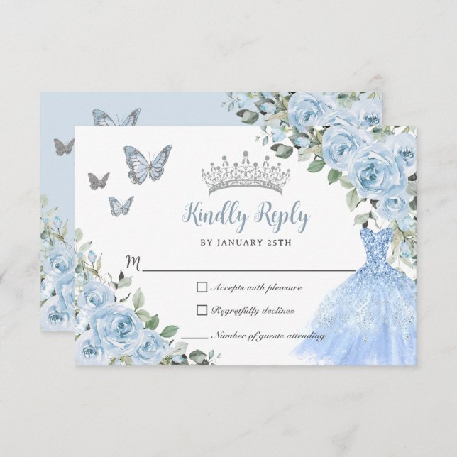 Baby Blue Floral Princess Dress Silver Quinceañera RSVP Card (Front/Back)