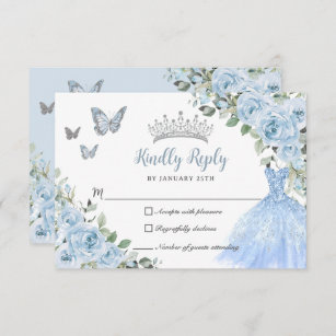 Baby Blue Floral Princess Dress Silver Quinceañera RSVP Card