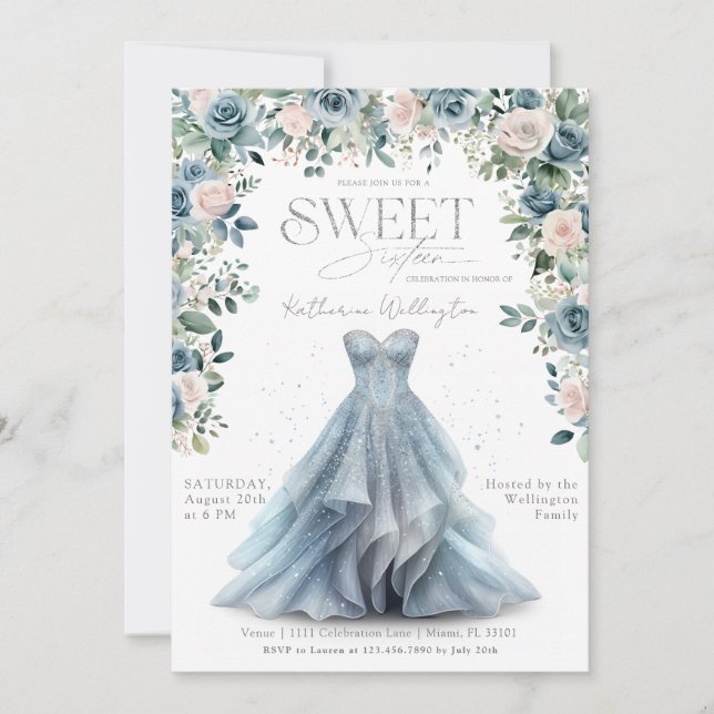 Baby Blue Floral Princess Dress Sweet 16 Sixteen Invitation (Front)
