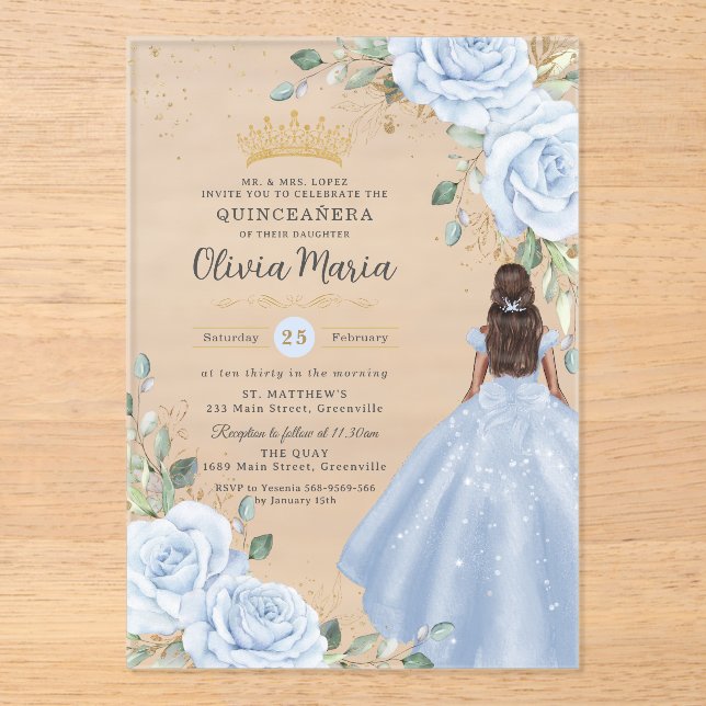 Baby Blue Floral Princess Gown Quinceañera Quince Acrylic Invitations (Front)
