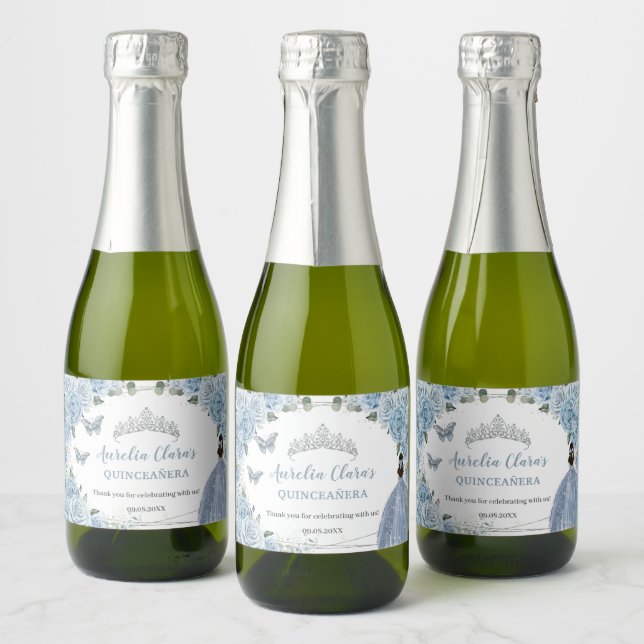 Baby Blue Floral Princess Quinceañera Birthday Sparkling Wine Label (Bottles)