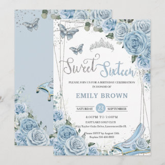 Baby Blue Floral Princess Sweet sixteen 16th Invitation