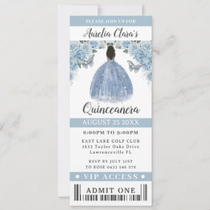Baby Blue Floral Quinceanera Sweet 16 VIP Ticket Invitation