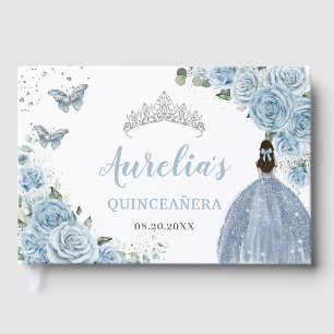 Baby Blue Floral Roses Princess Silver Quinceañera Guest Book