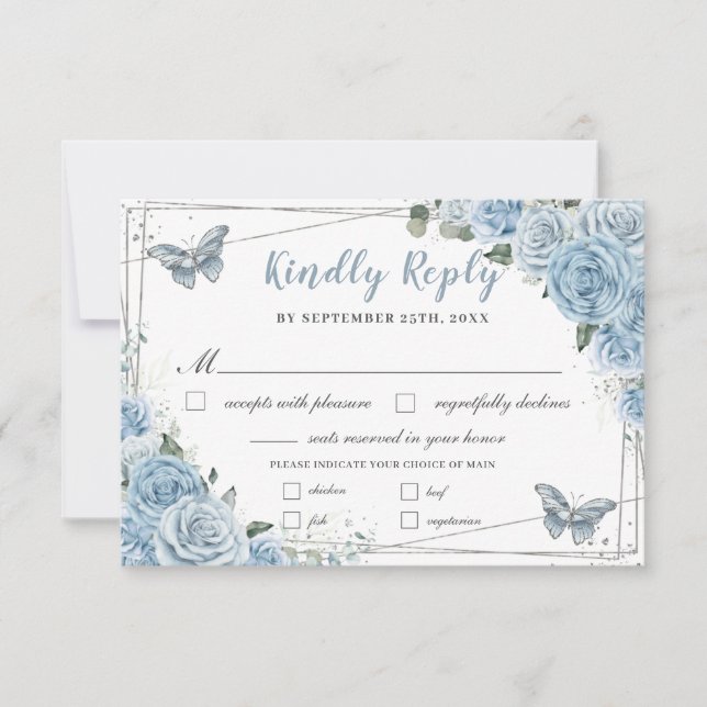 Baby Blue Floral Roses Quinceañera Butterfly Meal RSVP Card (Front)
