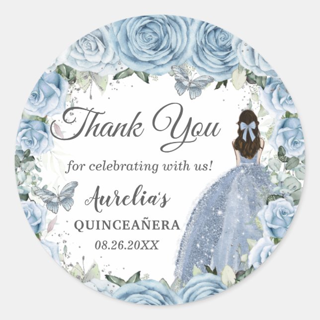 Baby Blue Floral Silver Butterflies Princess Favou Classic Round Sticker (Front)