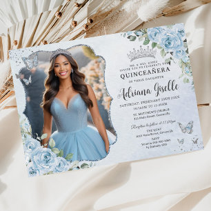 Baby Blue Floral Silver Quinceañera 16th Picture Invitation