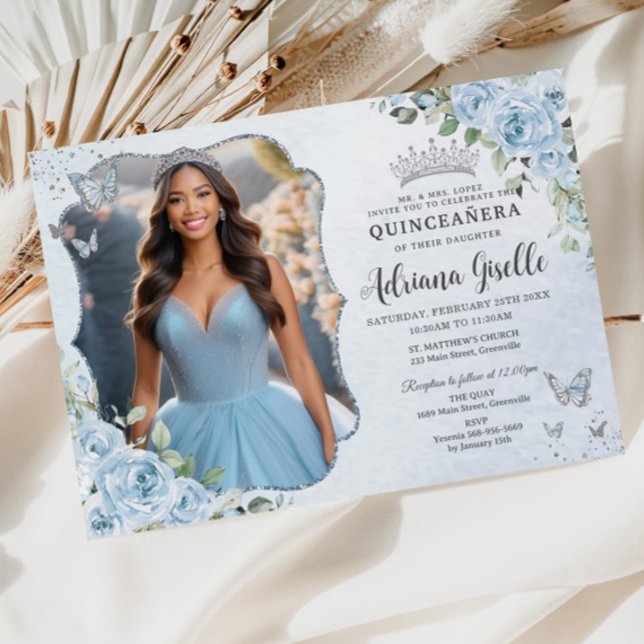 Baby Blue Floral Silver Quinceañera 16th Picture Invitation (Creator Uploaded)