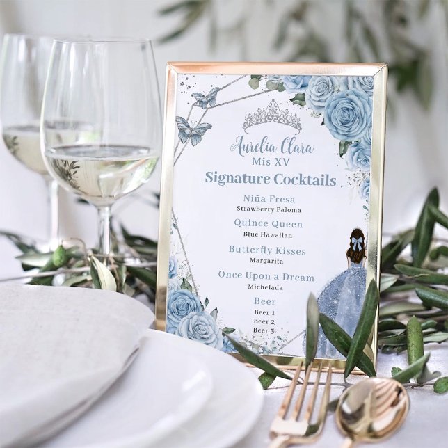 Baby Blue Floral Silver Quinceañera Drink Menu Poster (Creator Uploaded)
