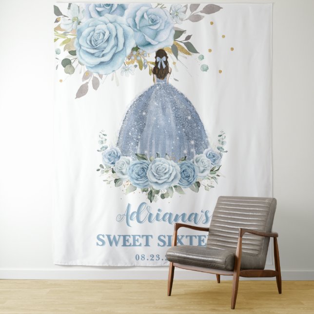 Baby Blue Floral Sweet 16 Sixteen Birthday Quince  Tapestry (In Situ)