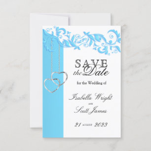 Baby Blue Floral Swirl and White - Save The Date