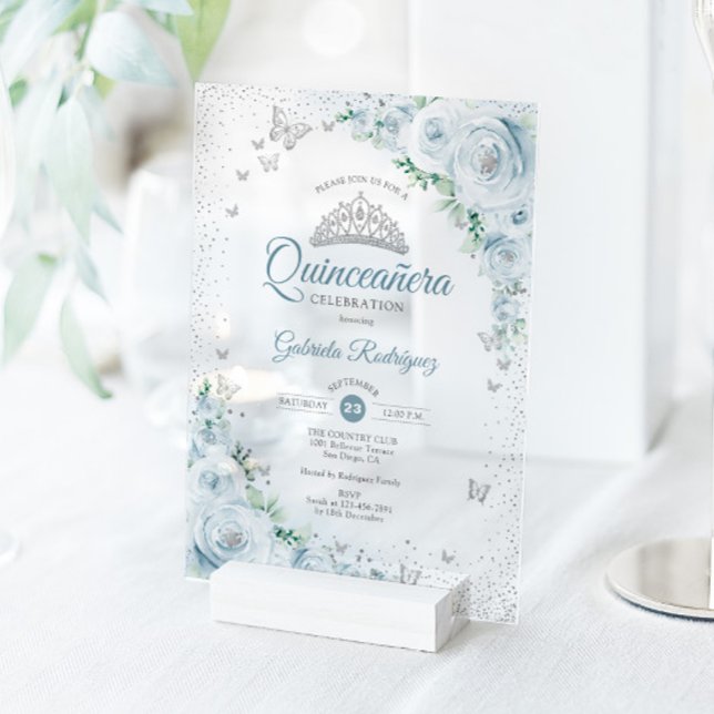 Baby Blue Floral Watercolor Roses Quinceanera Acrylic Invitations (Creator Uploaded)