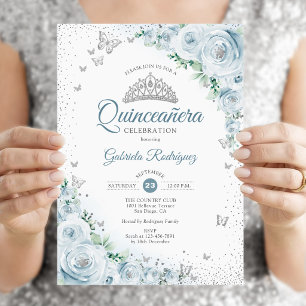 Baby Blue Floral Watercolor Roses Quinceanera Invitation