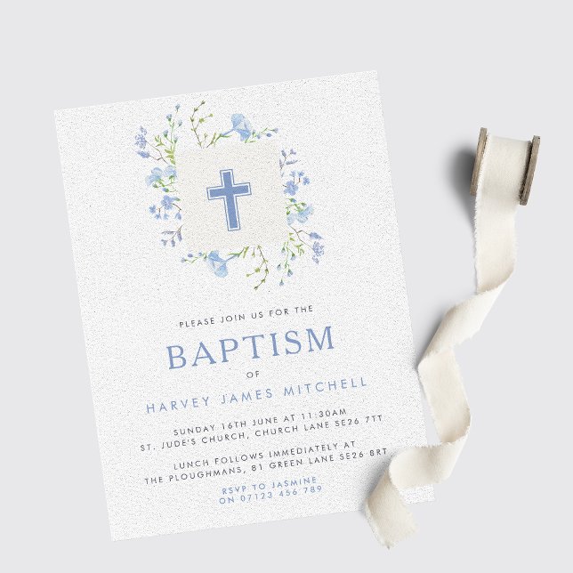 Baby Blue Floral Wreath & Cross Baptism Invitation (Creator Uploaded)