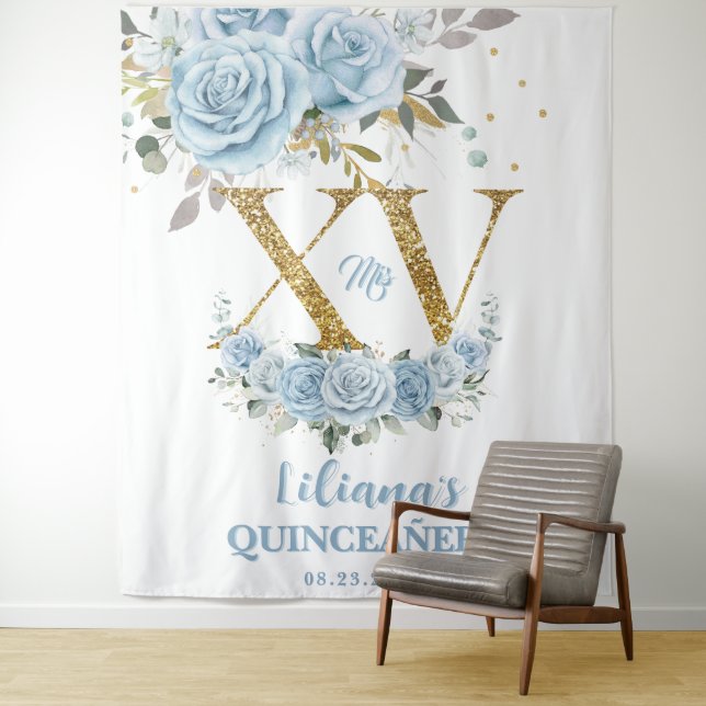 Baby Blue Floral XV QUINCEAÑERA Quince 15 Backdrop Tapestry (In Situ)