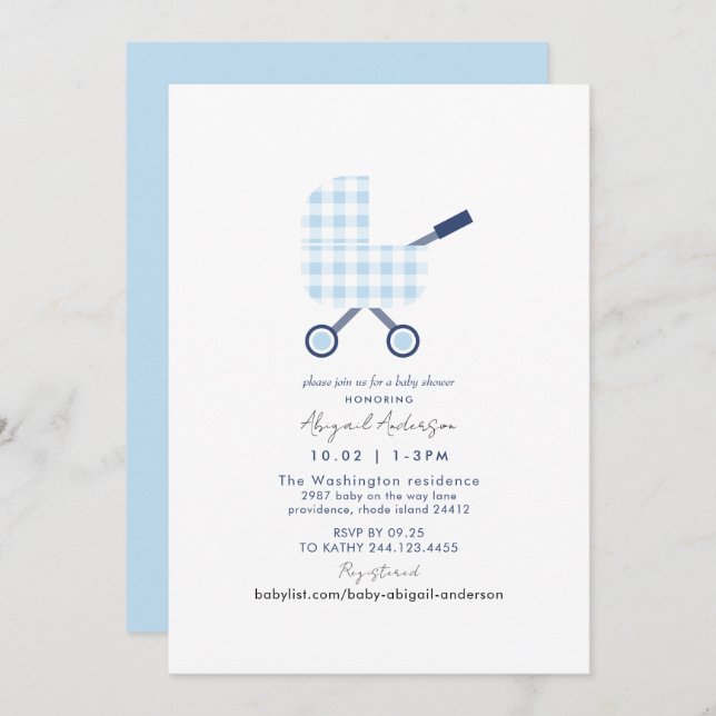 Baby Blue Gingham Baby Shower Invitation (Front/Back)