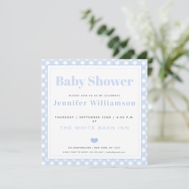 Baby Blue Gingham Pattern Baby Shower Invitation (Standing Front)