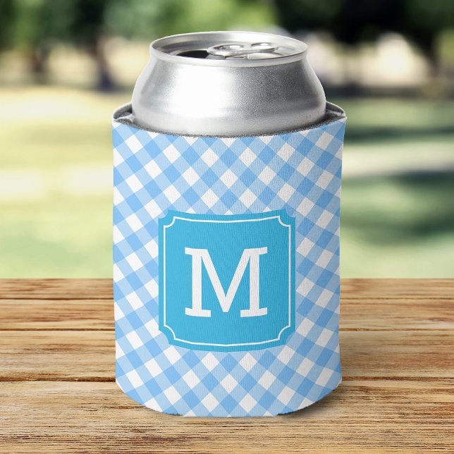 Baby Blue Gingham Personalise Monogram Can Cooler (Creator Uploaded)