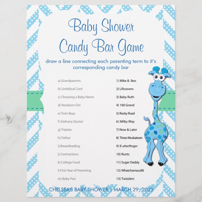 Baby Blue Giraffe Baby Boy Shower - Game Flyer (Front)