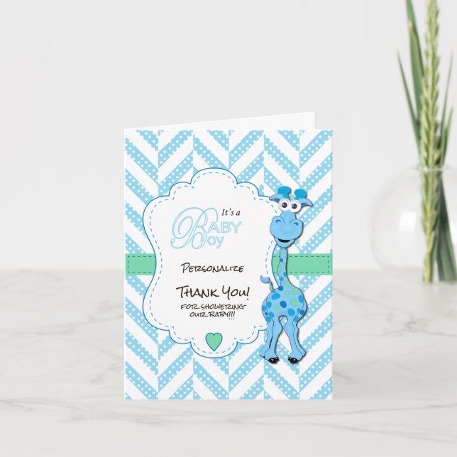 Baby Blue Giraffe Baby Shower   Thank You Card (Front)