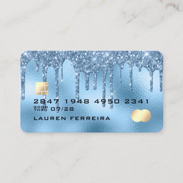 Baby Blue Glitter Drippings Girly Faux Debit Card (Front)