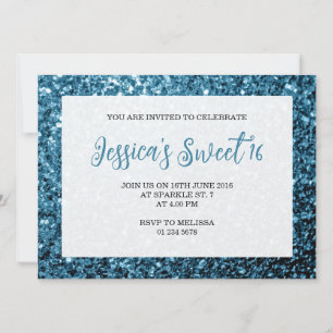 Baby blue glitter sparkles Sweet 16 elegant script Invitation