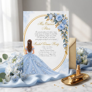 Baby Blue & Gold Floral Mis Quince Años Invitation