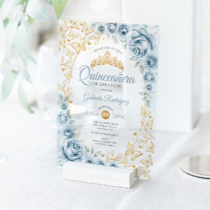 Baby Blue Gold Floral Quinceanera Acrylic Invitations