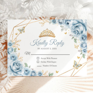 Baby Blue Gold Floral Quinceanera Reply RSVP Card