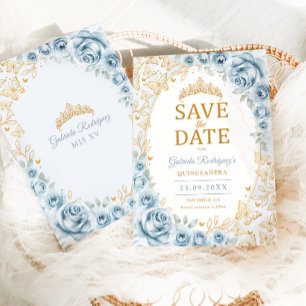 Baby Blue Gold Floral Quinceanera Save The Date