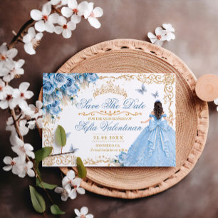 Baby Blue Gold Floral Quinceanera Save The Date