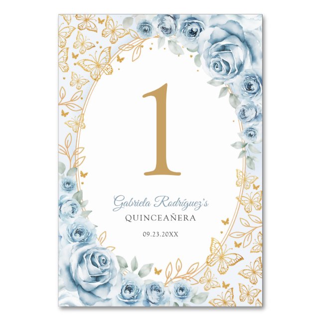 Baby Blue Gold Floral Quinceanera Table Number (Front)