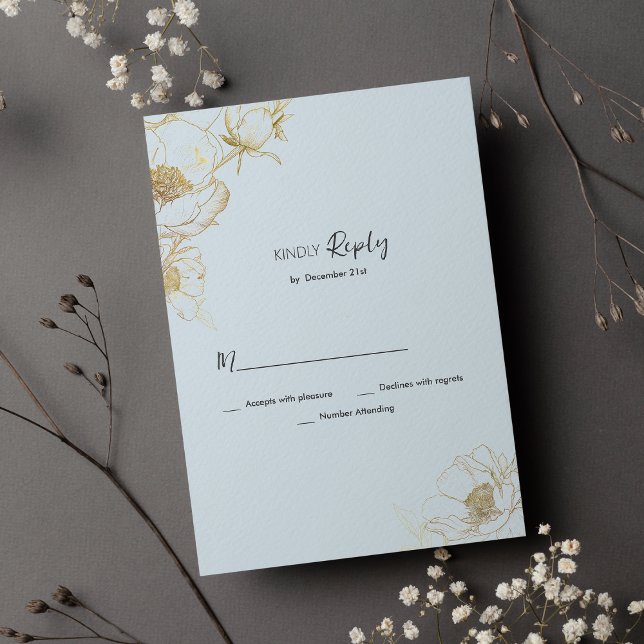 Baby blue gold glitter peony floral RSVP  Invitation (Baby blue gold glitter peony floral RSVP )